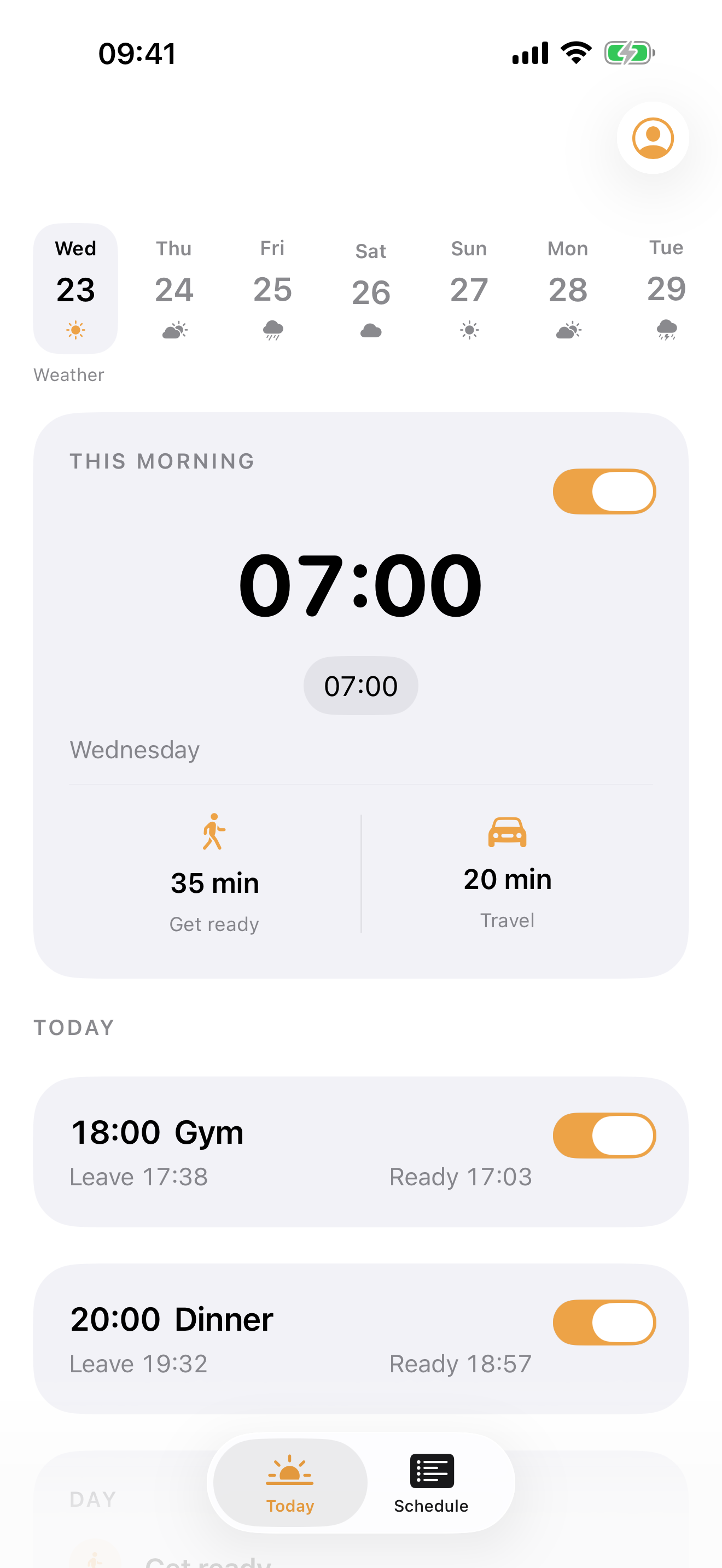 Latey Today screen with wake, preparation and travel times